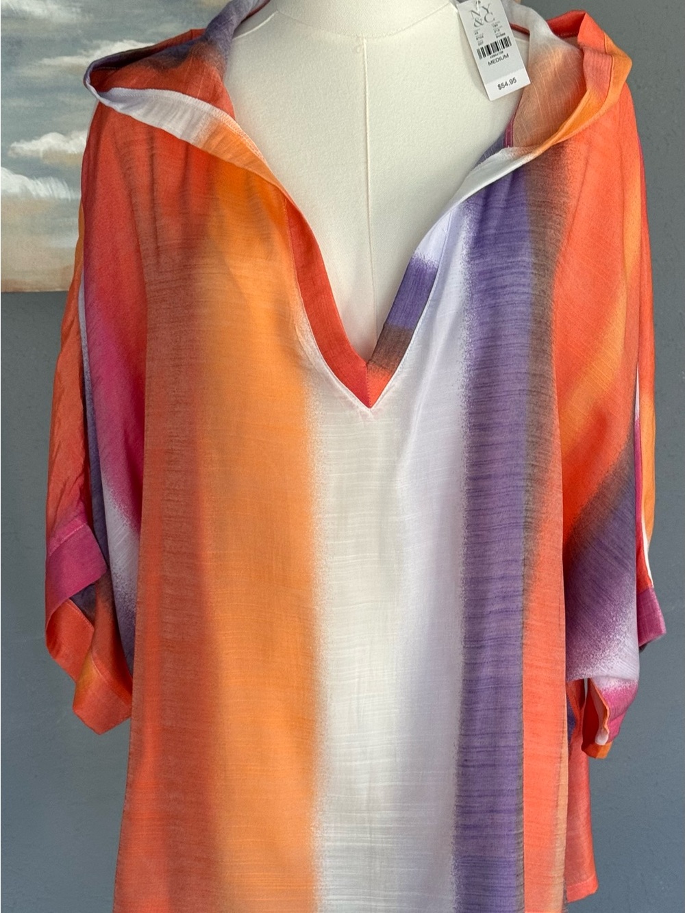 NWT WOMEN SOHO NEW YORK CO MULTI COLOR CROPPED SHEER HOODED BEACH COVERUP TOP M